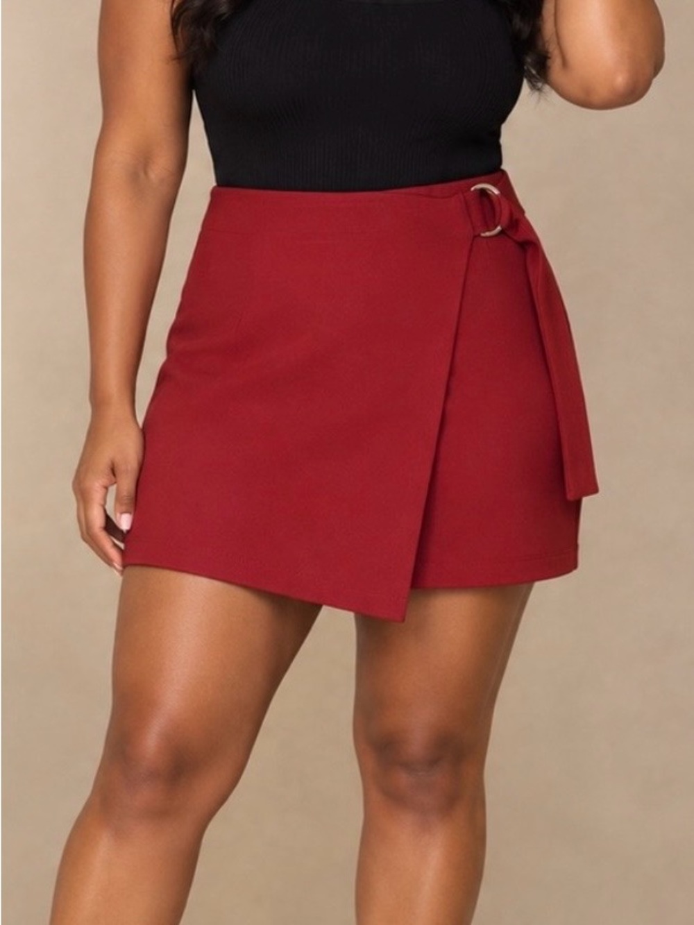 Spanx Ponte Faux Wrap Skirt Womens Medium D Ring Accent Deep Red Faux Pocket